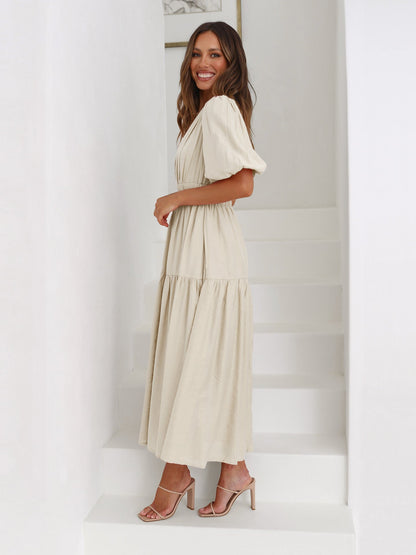 Ivy | Women's V-Neck Puff Sleeve Mid-Length Dress with Smocked Waist