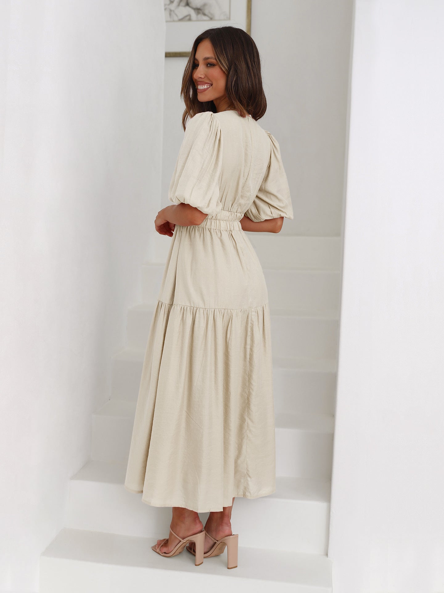 Ivy | Women's V-Neck Puff Sleeve Mid-Length Dress with Smocked Waist