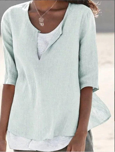 Camille | Women's 3/4 Sleeve Blouse Split Neck Relaxed Top
