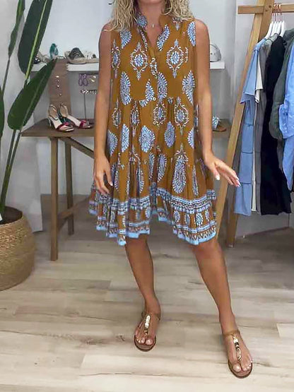 Lillian | Women's Bohemian Print V-Neck No-Sleeve Tiered Short Dress