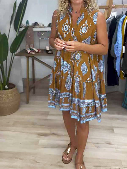 Lillian | Women's Bohemian Print V-Neck No-Sleeve Tiered Short Dress