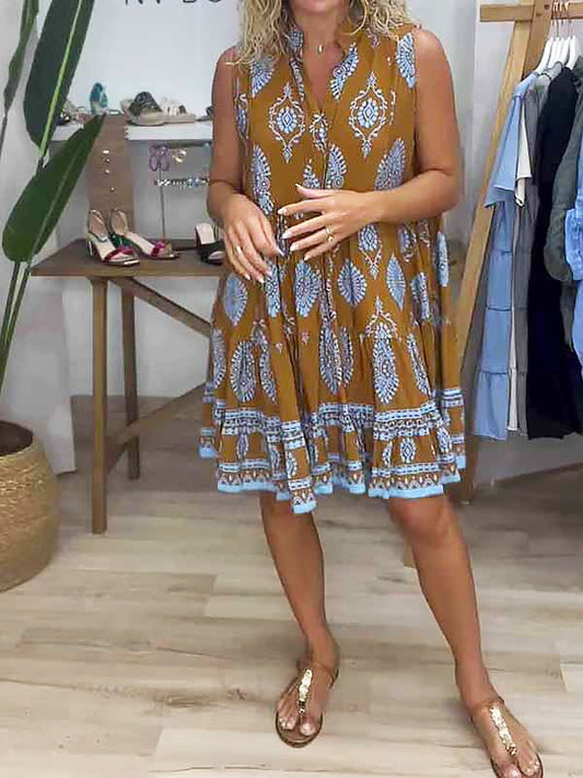 Lillian | Women's Bohemian Print V-Neck No-Sleeve Tiered Short Dress