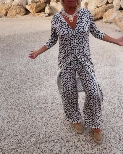 Alexis | Women's Printed Two Piece Set Longline Shirt Straight Pants