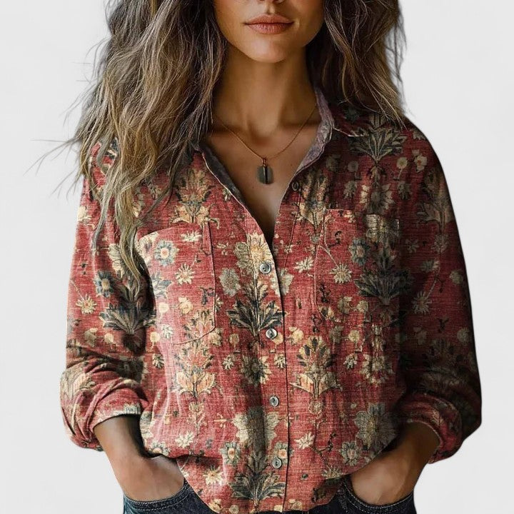 Beverly | Women's Retro Floral Print Long Sleeve Button-Down Shirt