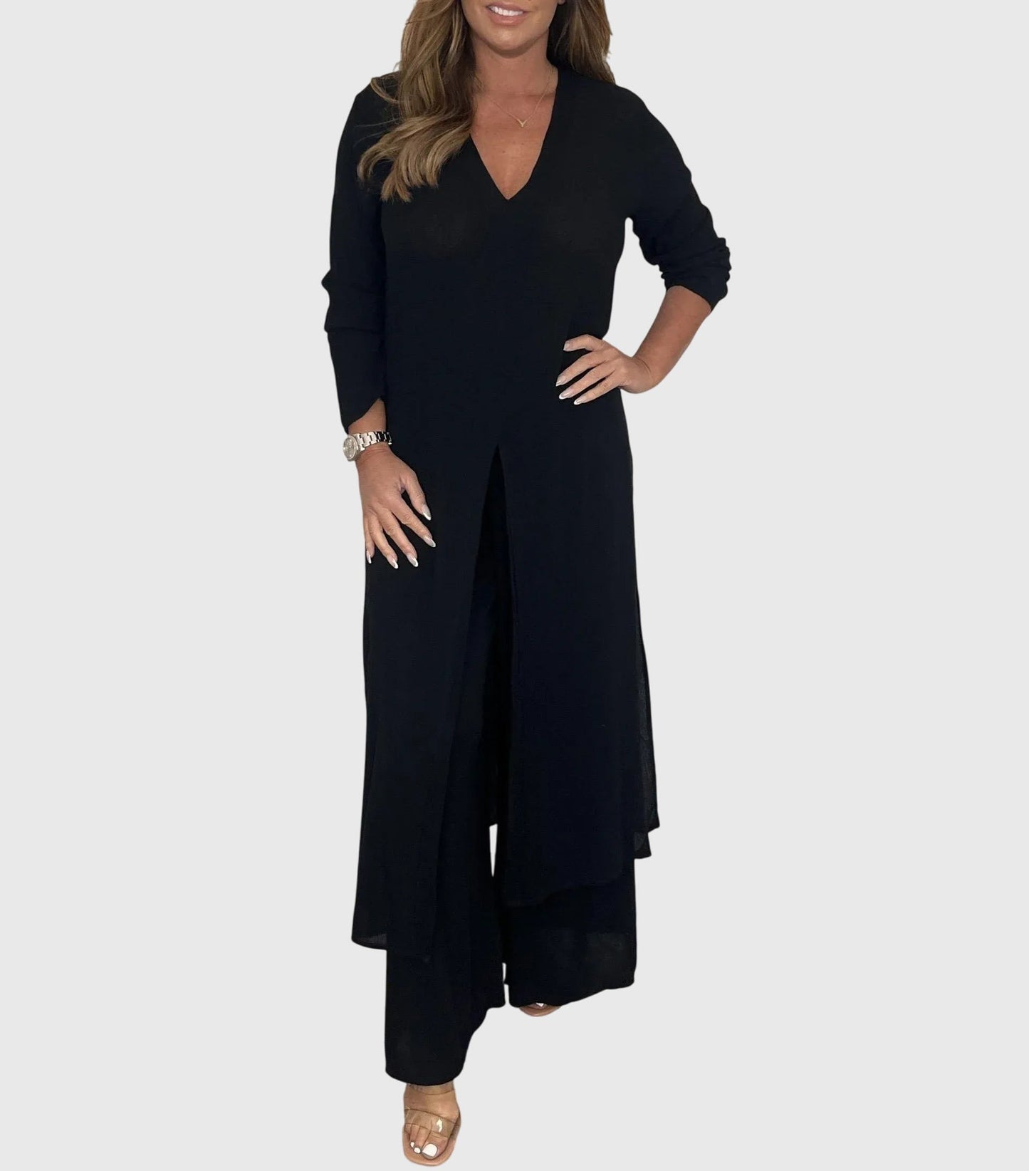Nicole | Women's Duster Cardigan Two-Piece Set Wide Leg Pants