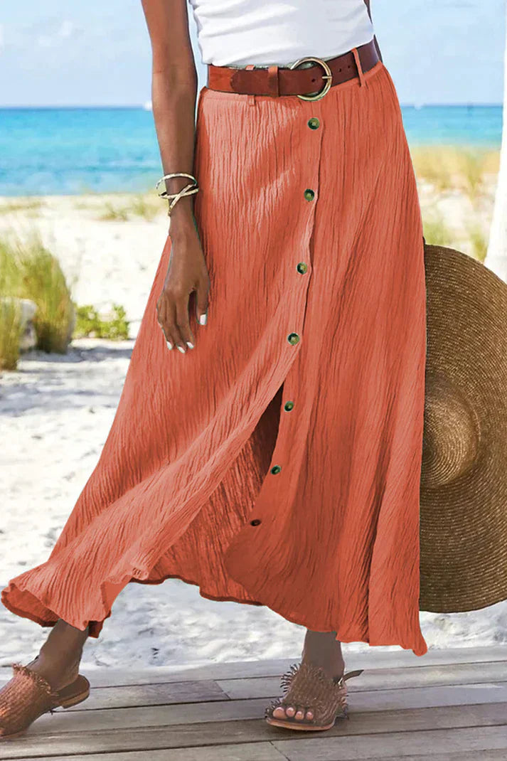 Gabrielle | Women's Button Front Full-Length Skirt High Waist Linen Look