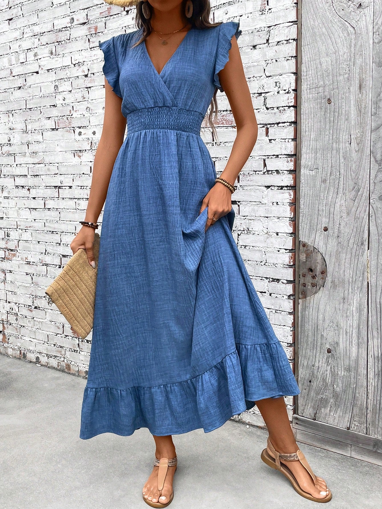 Sadie | Women's V-Neck Smocked Waist Ruffle Hem Maxi Dress
