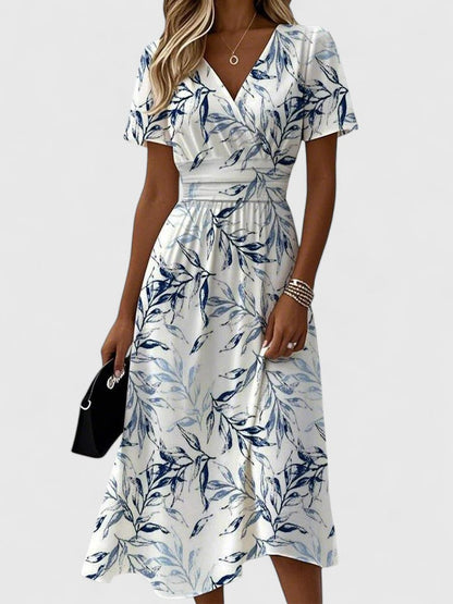 Khloe | Women's Floral Print Wrap V-Neck Flutter Sleeve Mid-Length Dress