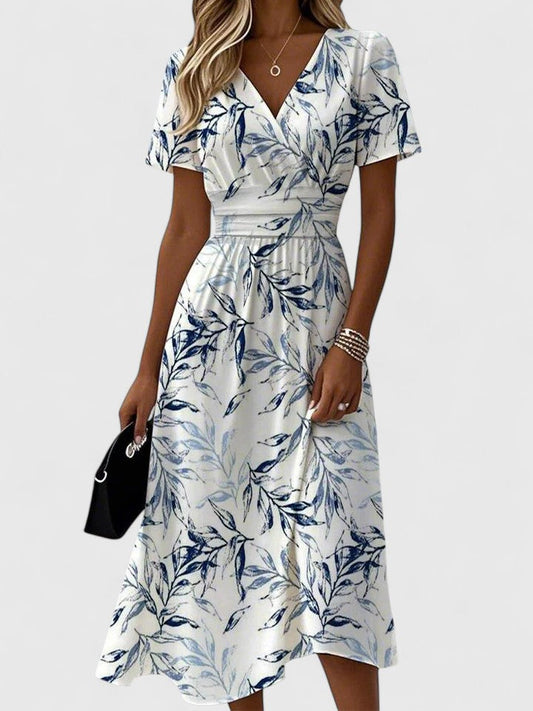 Khloe | Women's Floral Print Wrap V-Neck Flutter Sleeve Mid-Length Dress