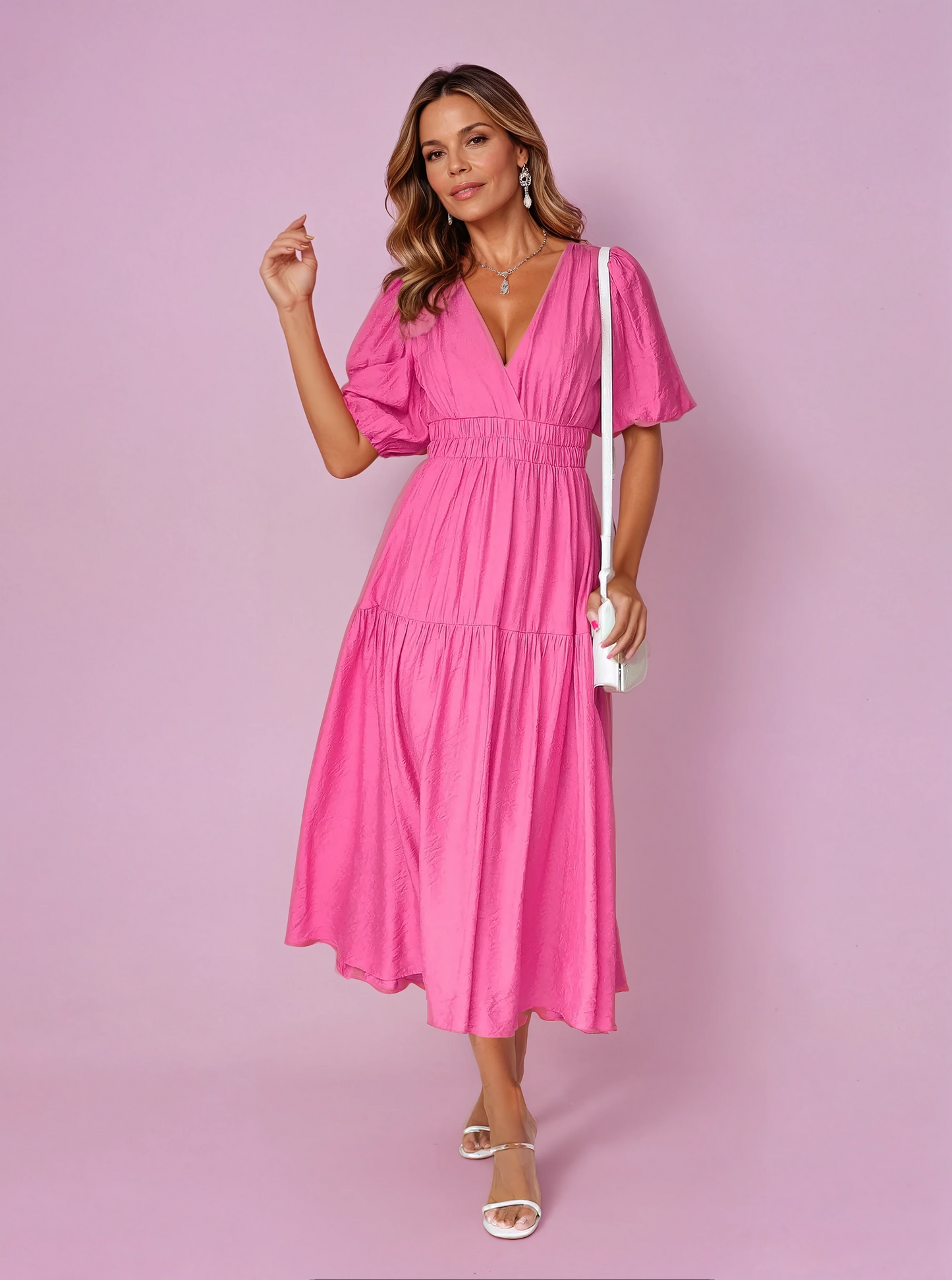 Ivy | Women's V-Neck Puff Sleeve Mid-Length Dress with Smocked Waist