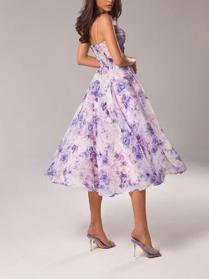 Lily | Women's Floral Spaghetti Strap A-Line Mid-Length Dress