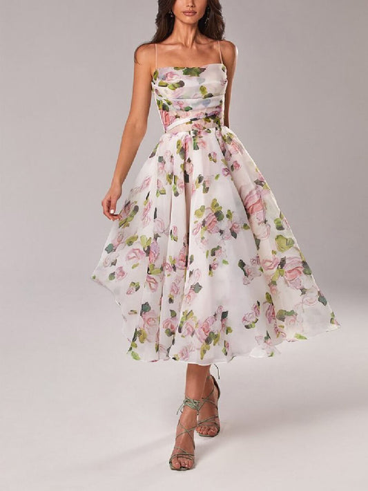 Lily | Women's Floral Spaghetti Strap A-Line Mid-Length Dress