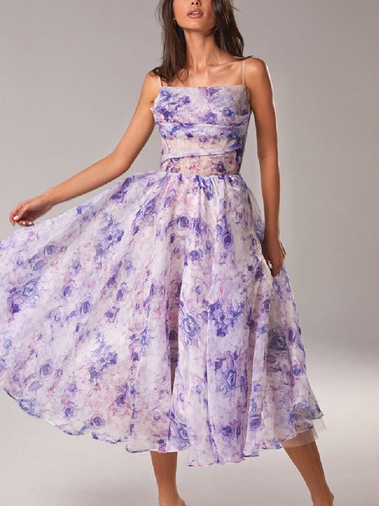 Lily | Women's Floral Spaghetti Strap A-Line Mid-Length Dress