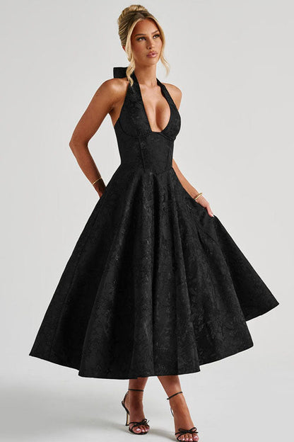 Makayla | V-Neck Halterneck No-Sleeve Jacquard Maxi Dress