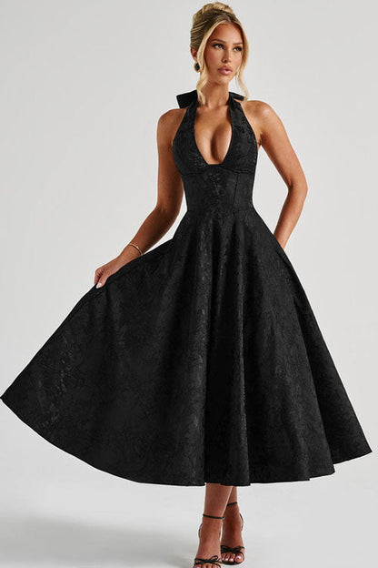 Makayla | V-Neck Halterneck No-Sleeve Jacquard Maxi Dress