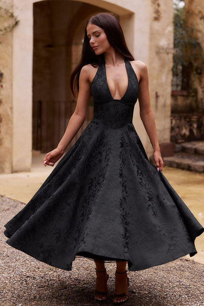 Makayla | V-Neck Halterneck No-Sleeve Jacquard Maxi Dress