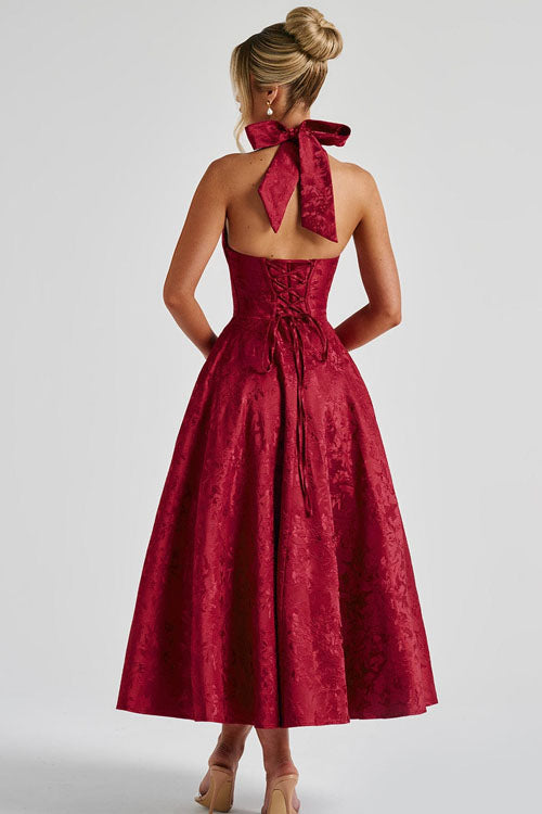 Makayla | V-Neck Halterneck No-Sleeve Jacquard Maxi Dress