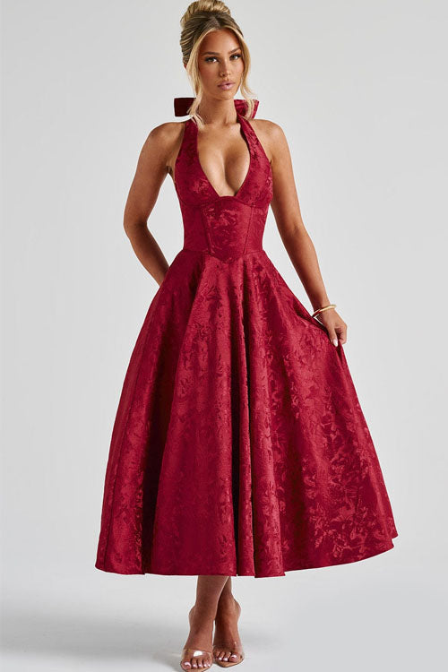 Makayla | V-Neck Halterneck No-Sleeve Jacquard Maxi Dress