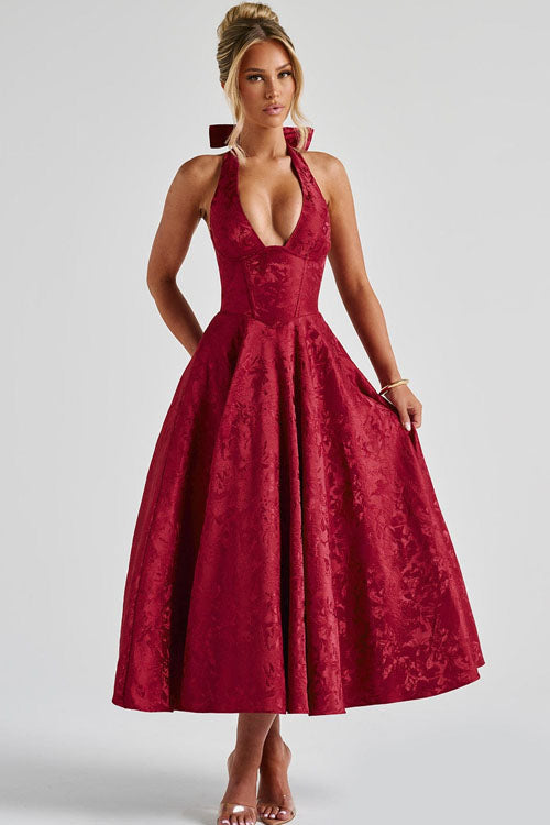 Makayla | V-Neck Halterneck No-Sleeve Jacquard Maxi Dress