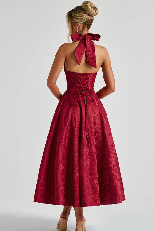 Makayla | V-Neck Halterneck No-Sleeve Jacquard Maxi Dress