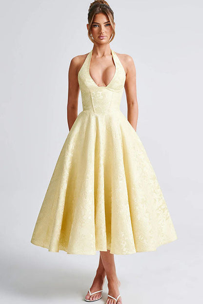 Makayla | V-Neck Halterneck No-Sleeve Jacquard Maxi Dress