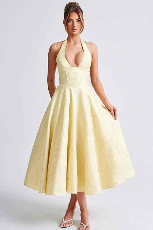 Makayla | V-Neck Halterneck No-Sleeve Jacquard Maxi Dress