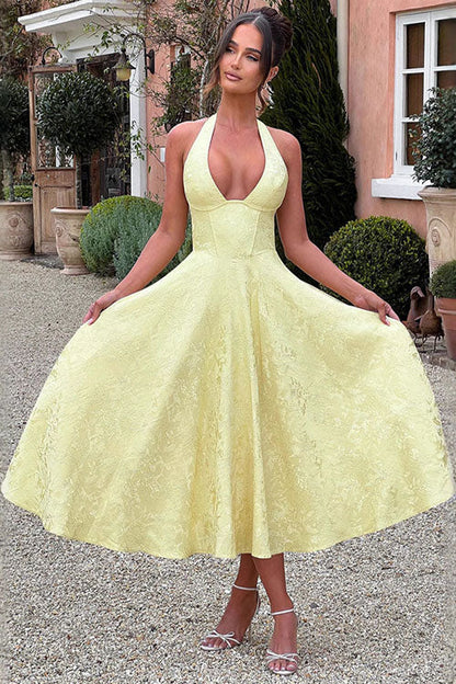 Makayla | V-Neck Halterneck No-Sleeve Jacquard Maxi Dress