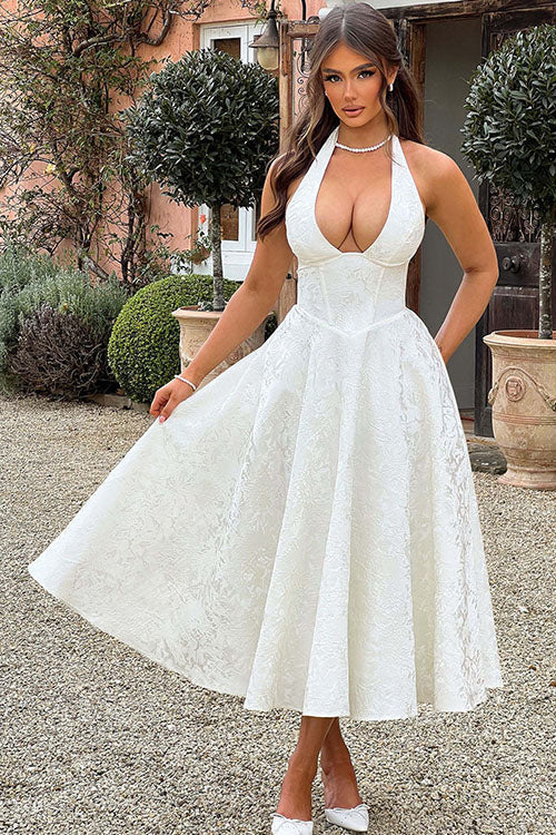Makayla | V-Neck Halterneck No-Sleeve Jacquard Maxi Dress
