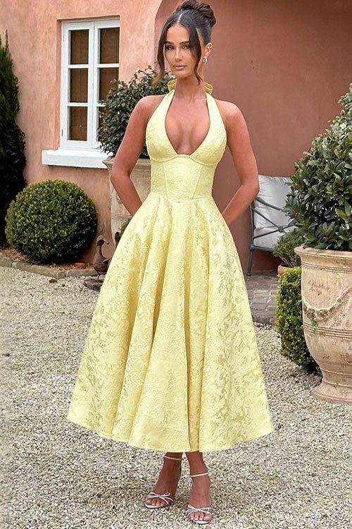 Makayla | V-Neck Halterneck No-Sleeve Jacquard Maxi Dress