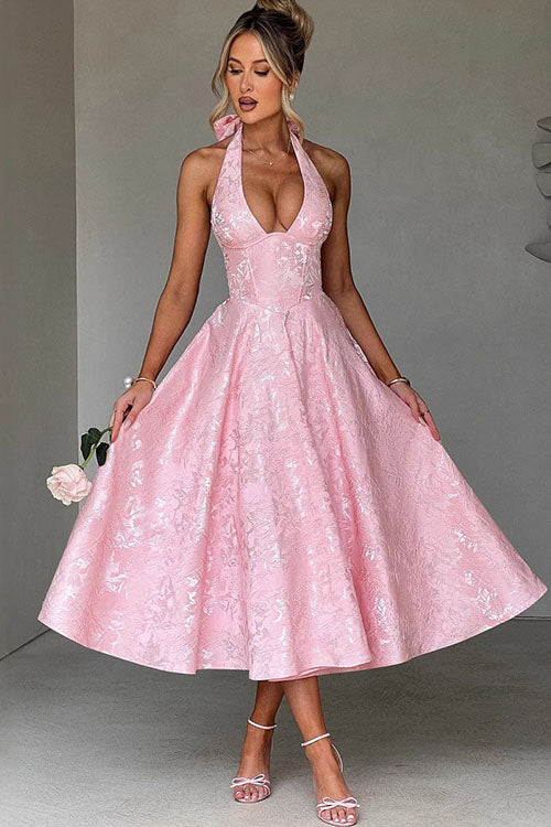 Makayla | V-Neck Halterneck No-Sleeve Jacquard Maxi Dress