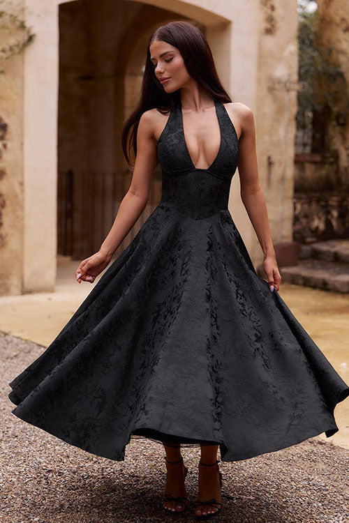 Makayla | V-Neck Halterneck No-Sleeve Jacquard Maxi Dress