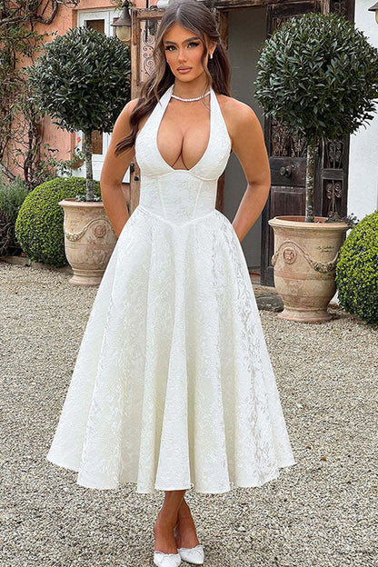 Makayla | V-Neck Halterneck No-Sleeve Jacquard Maxi Dress