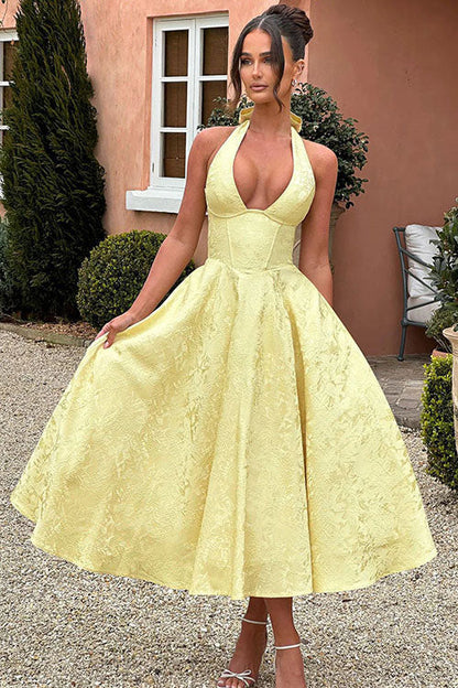 Makayla | V-Neck Halterneck No-Sleeve Jacquard Maxi Dress