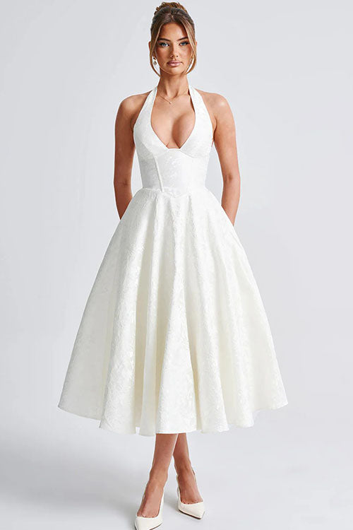 Makayla | V-Neck Halterneck No-Sleeve Jacquard Maxi Dress