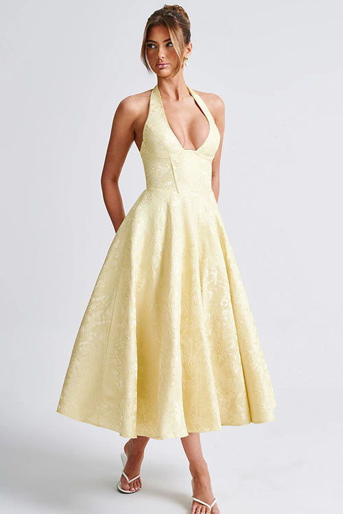 Makayla | V-Neck Halterneck No-Sleeve Jacquard Maxi Dress