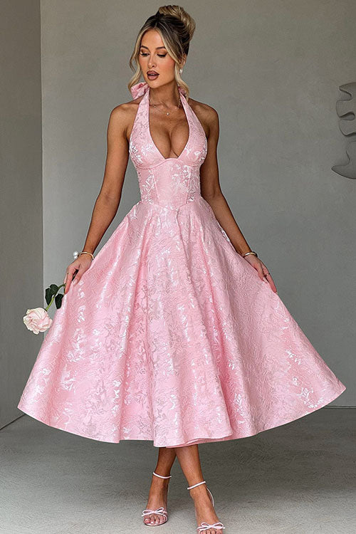 Makayla | V-Neck Halterneck No-Sleeve Jacquard Maxi Dress