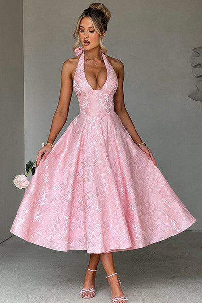 Makayla | V-Neck Halterneck No-Sleeve Jacquard Maxi Dress