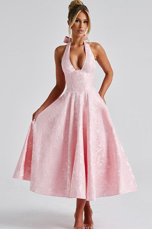 Makayla | V-Neck Halterneck No-Sleeve Jacquard Maxi Dress