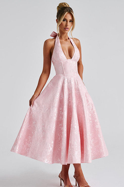 Makayla | V-Neck Halterneck No-Sleeve Jacquard Maxi Dress