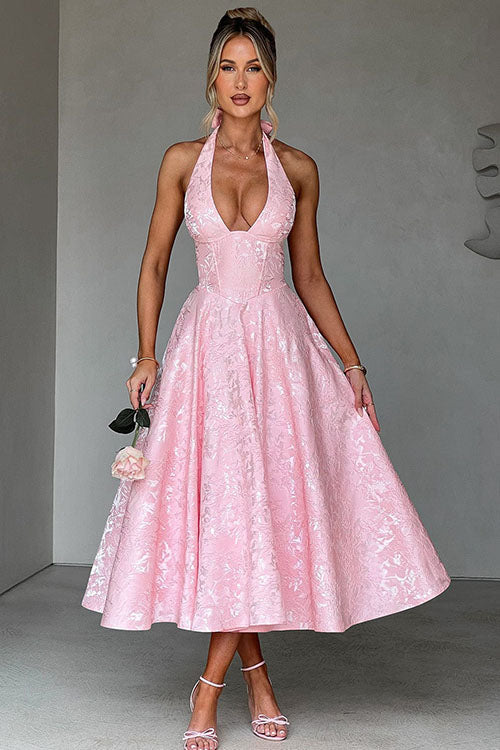 Makayla | V-Neck Halterneck No-Sleeve Jacquard Maxi Dress