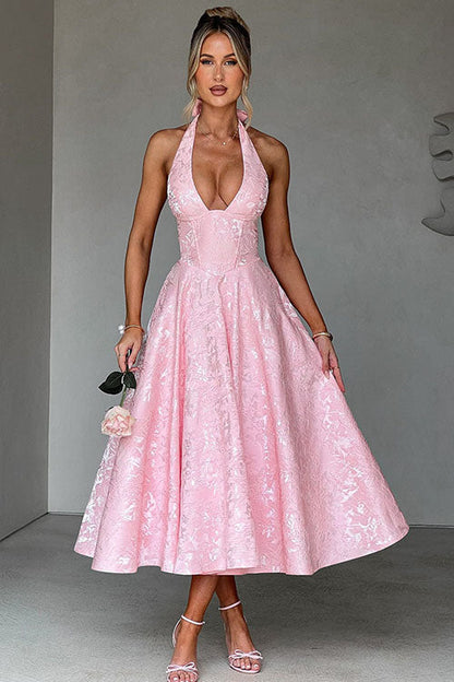 Makayla | V-Neck Halterneck No-Sleeve Jacquard Maxi Dress