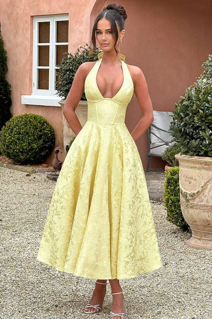 Makayla | V-Neck Halterneck No-Sleeve Jacquard Maxi Dress