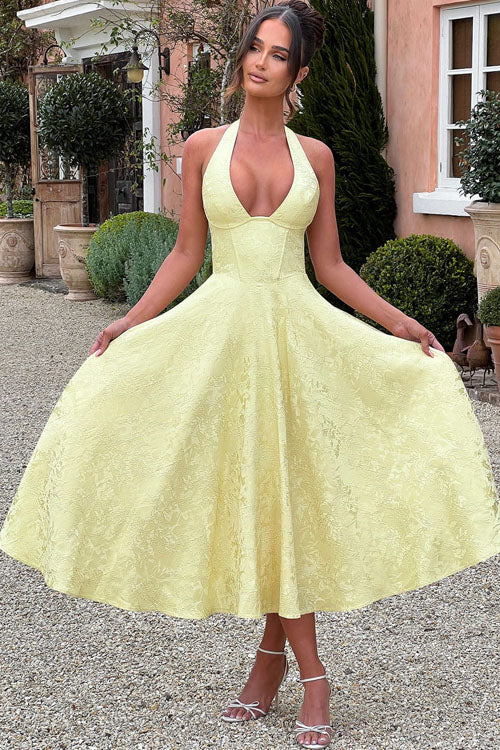 Makayla | V-Neck Halterneck No-Sleeve Jacquard Maxi Dress