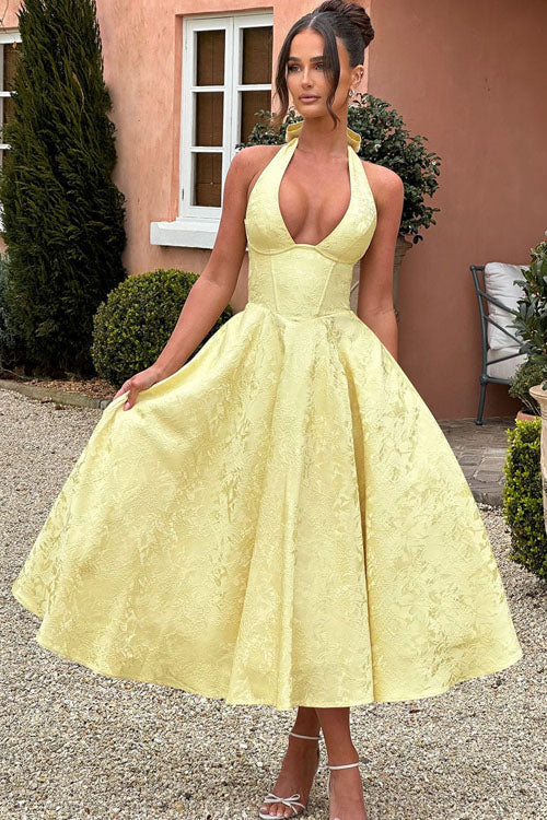 Makayla | V-Neck Halterneck No-Sleeve Jacquard Maxi Dress