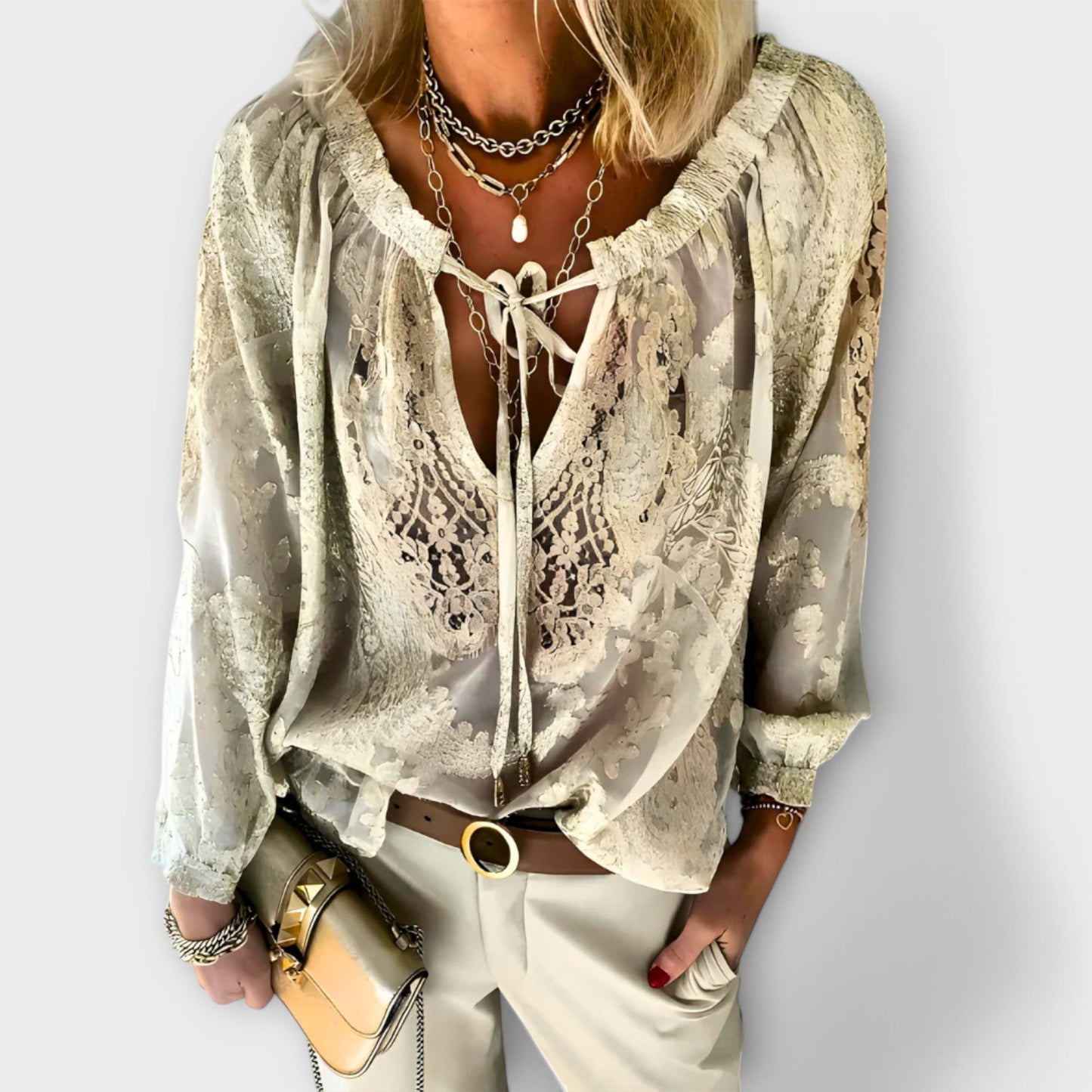 Megan | Women's Lace V-Neck Blouse Long Sleeve Boho Top