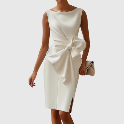 Emma | Women's Boat Neck No-Sleeve Mid-Length Dress with Bow Detail
