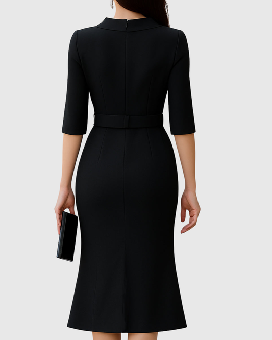 Hadley | Women's Belted Mock Neck Mid-Length Dress with Split Sleeves