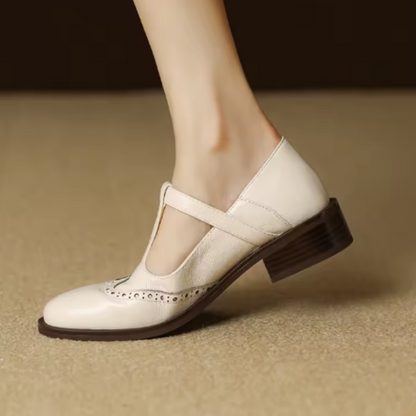 Selena | Women's Leather T-Strap Mary Jane Shoes Low Block Heel