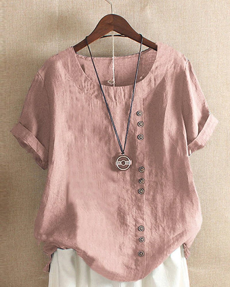Alice | Women's Button Front Crew Neck Short Sleeve Relaxed Top