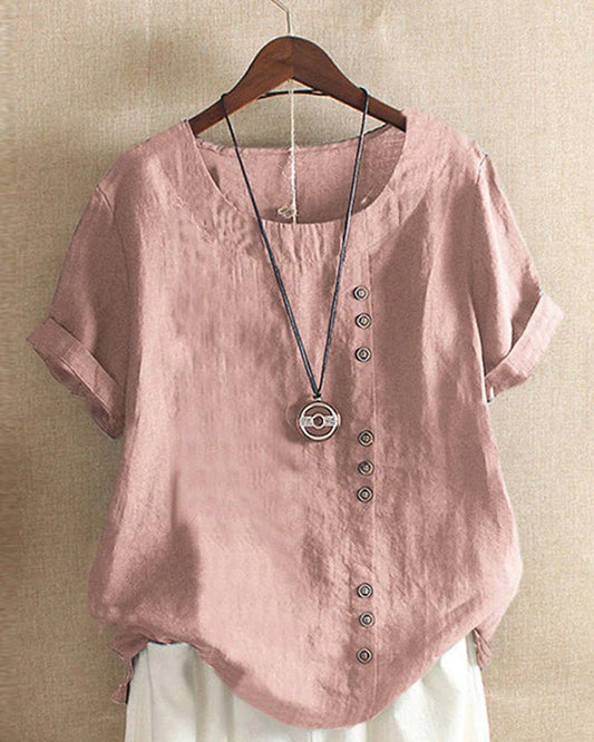 Alice | Women's Button Front Crew Neck Short Sleeve Relaxed Top